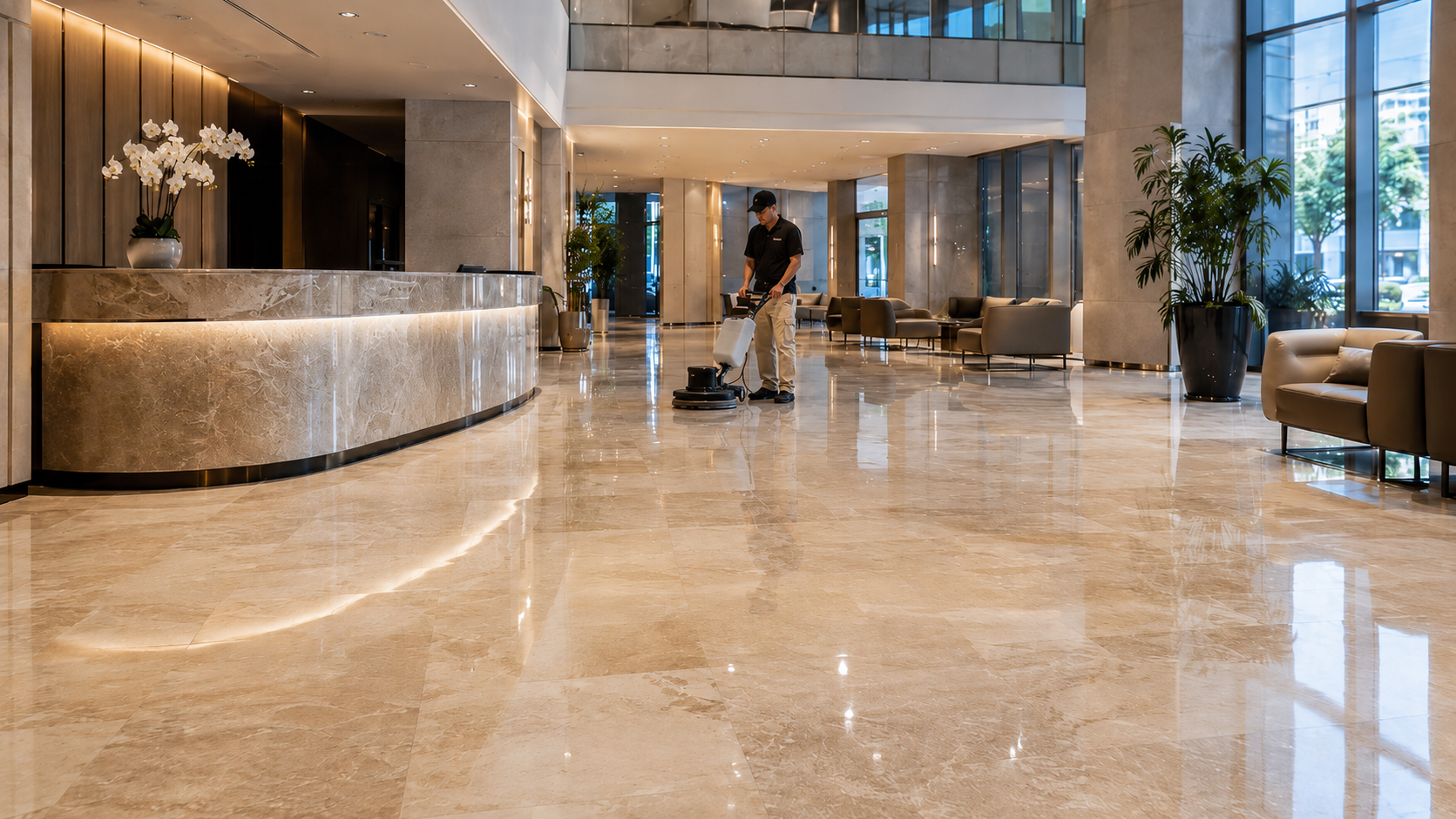 Commercial stone floor restoration in Houston